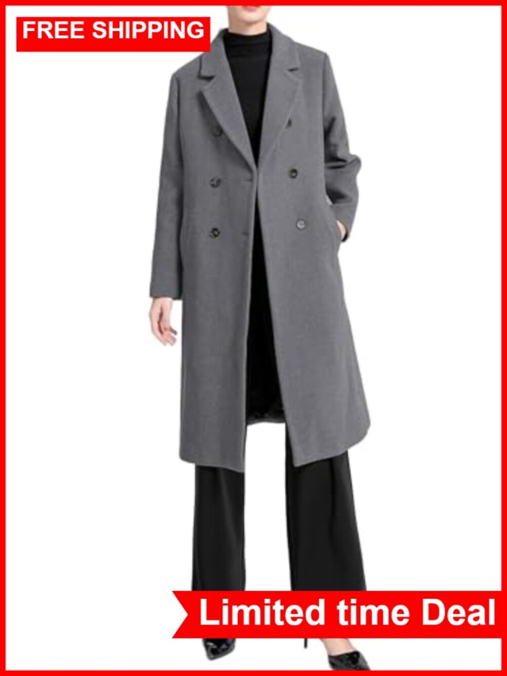 Wool Blend Double Breasted Pea Coat Long Sleeve Winter Overcoat